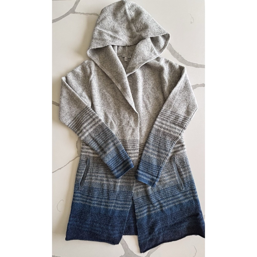 Toad & Co Heartfelt Hoodie Cardigan 100% Merino Wool Striped Boho XS Gray Blue